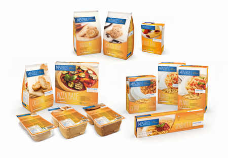 A variety of food packaging on a white background.