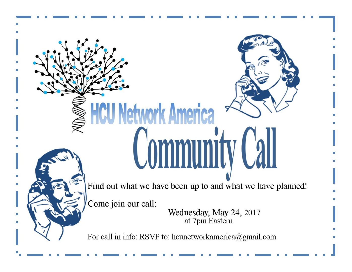 A flyer for a community call with two people on the phone.