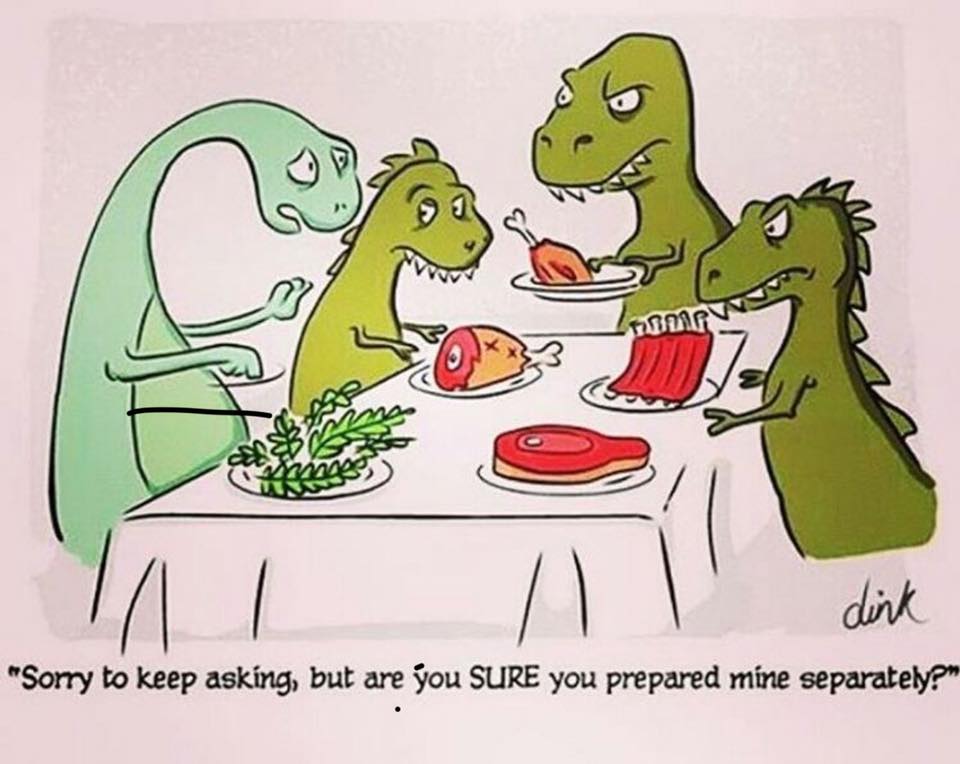 A cartoon of a group of dinosaurs at a dinner table.