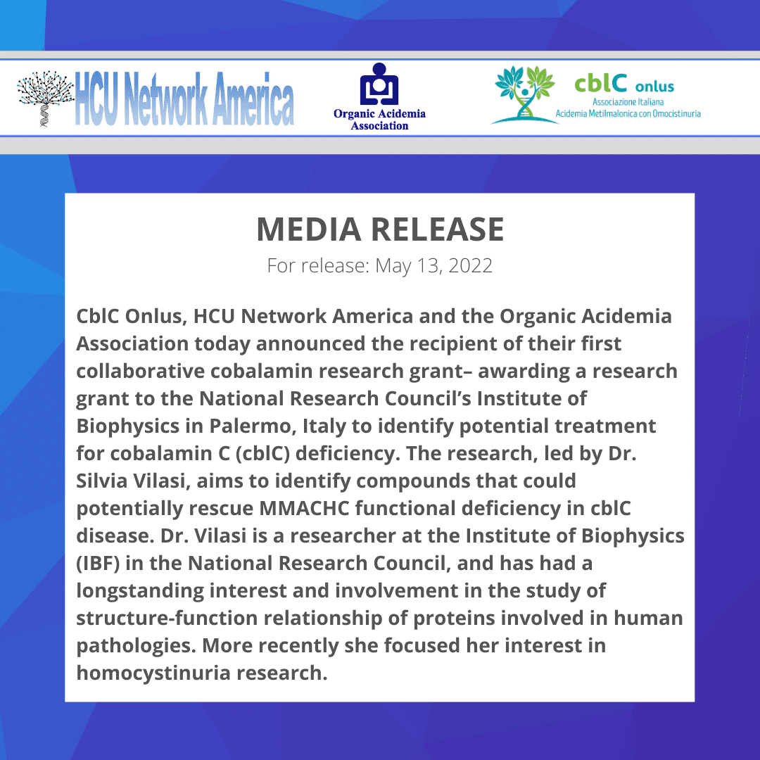 HCU Network America, OAA and CblC Onlus Announce First Collaborative CblC Research Grant