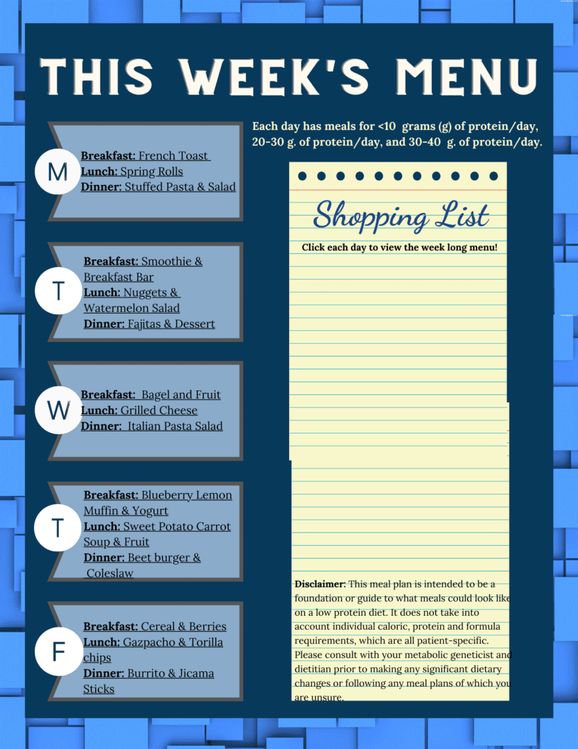 This week's menu is shown on a blue background.