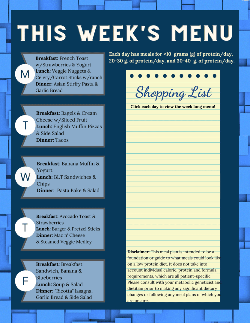 This week's menu is shown on a blue background.