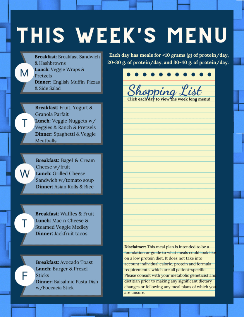 This week's menu is shown on a blue background.