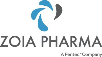 Blue and gray stylized flower logo of Zoia Pharma.