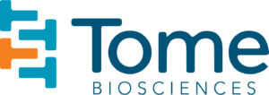 Tome Biosciences logo with blue and orange shapes.