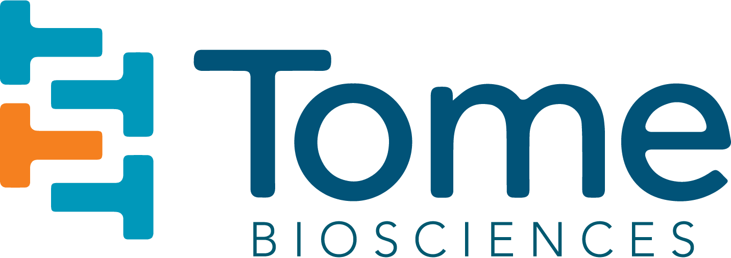 Tome Biosciences logo with blue and orange shapes.