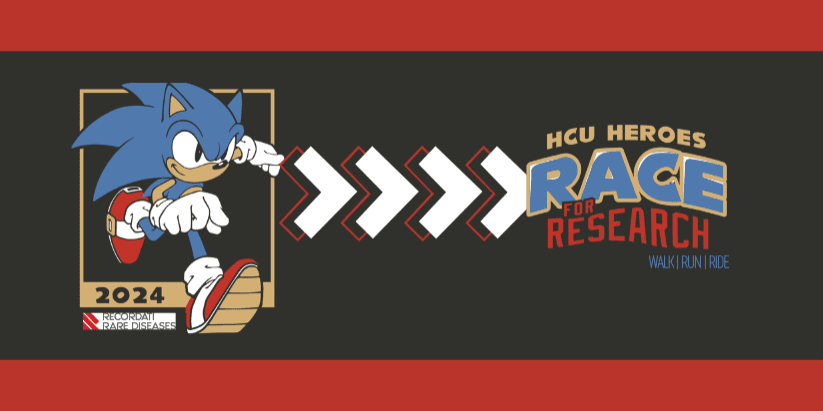 Sonic the Hedgehog character with HCU Heroes Race for Research logo.