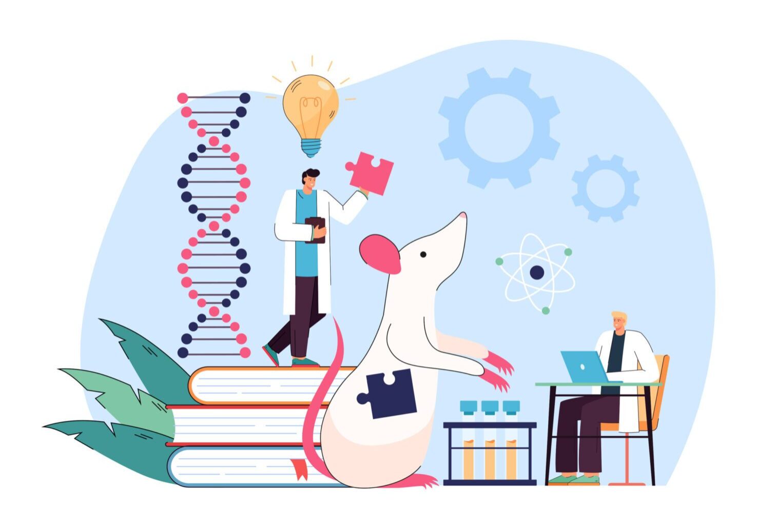 A man and a rat in a lab with books and a dna.