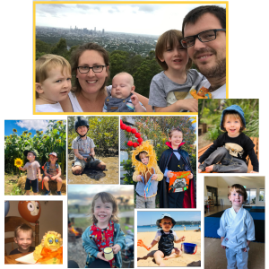 A collage of photos of a family with children.