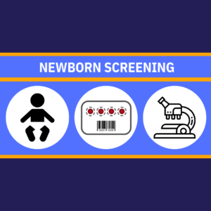 Newborn screening icons with a baby and a microscope.